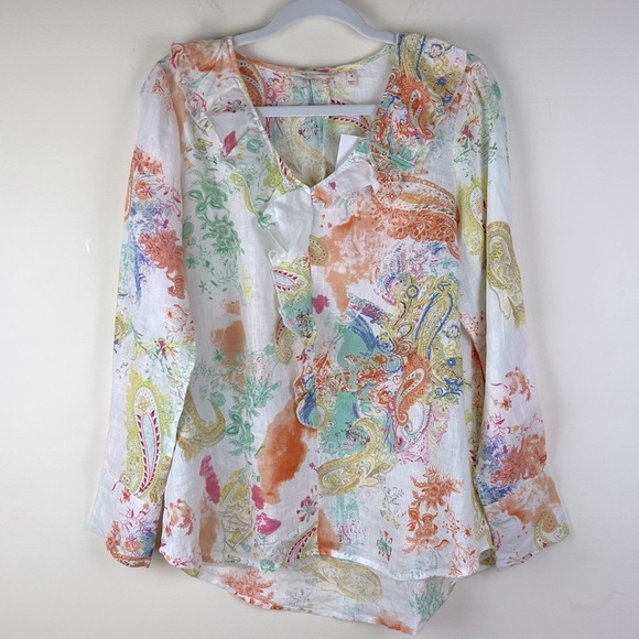 Soft Surroundings | Feminine Cottagecore  Linen Watercolor Ruffle Blouse | M - Picture 2 of 12